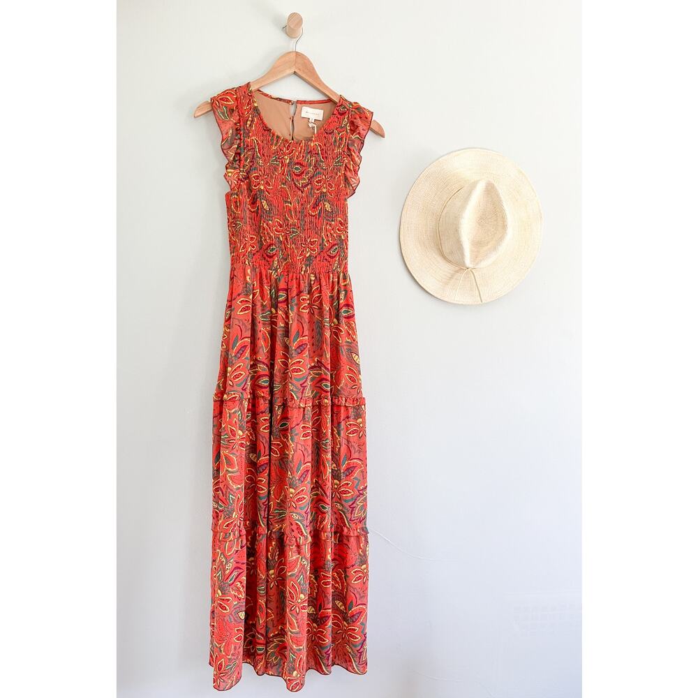 MELLODAY | Smocked Floral Sleeveless Maxi Dress | Orange Mustard Palm | Sz XS